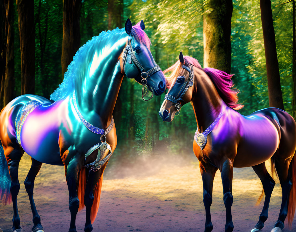 Vibrantly colored horses in mystical forest setting