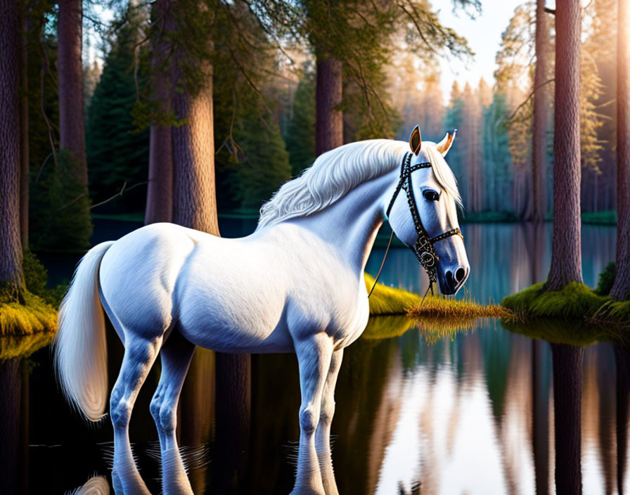 Majestic white horse by serene forest lake at golden hour