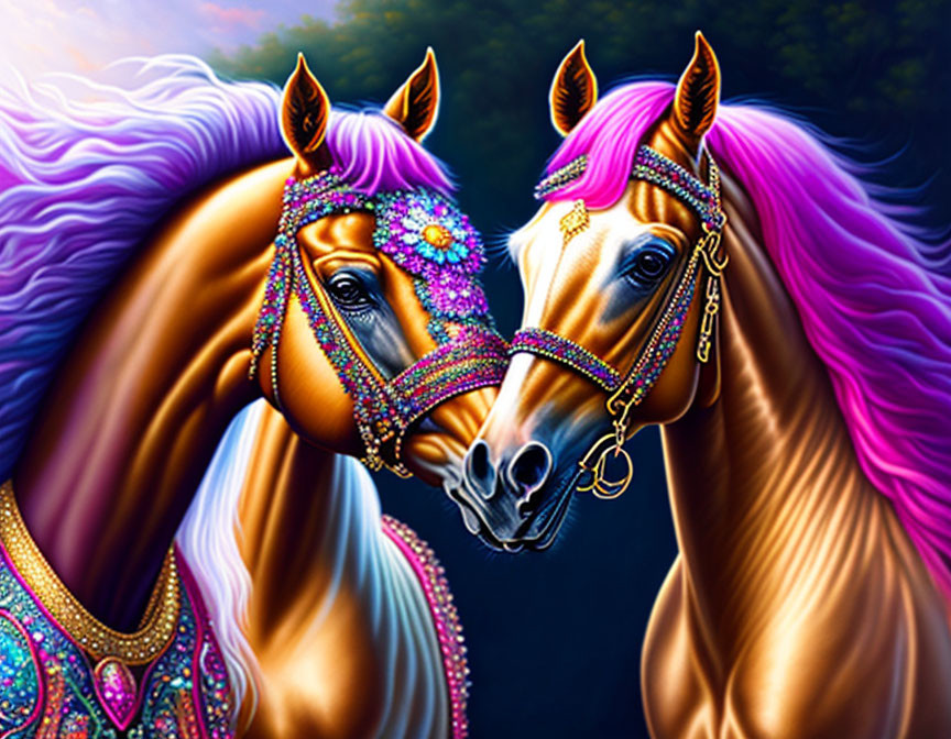 Vibrantly Colored Illustrated Horses with Decorative Bridles on Dusky Background