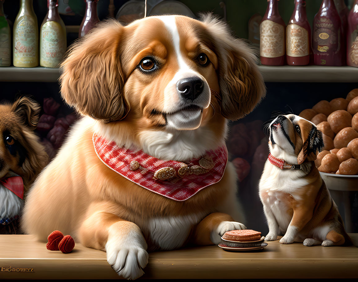 Three dogs in a bakery with one wearing a red bandana and macaron on a table