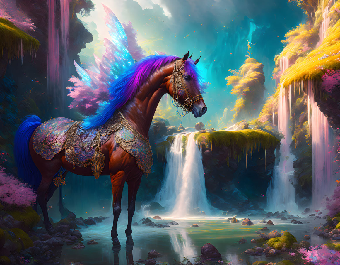 Iridescent winged horse near waterfall in enchanted forest