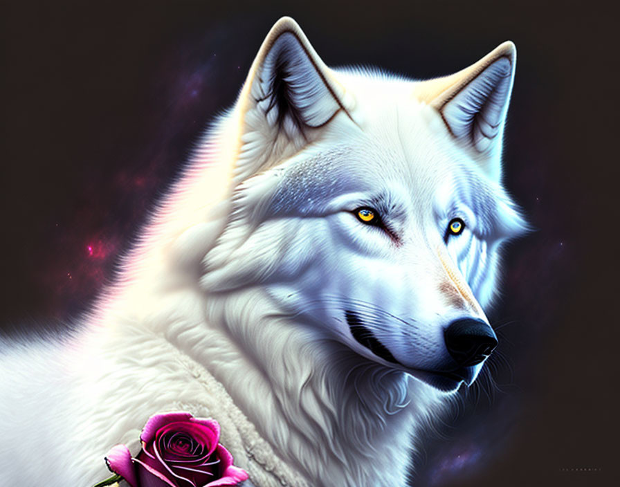 White wolf with yellow eyes and pink rose in digital art on dark purple background