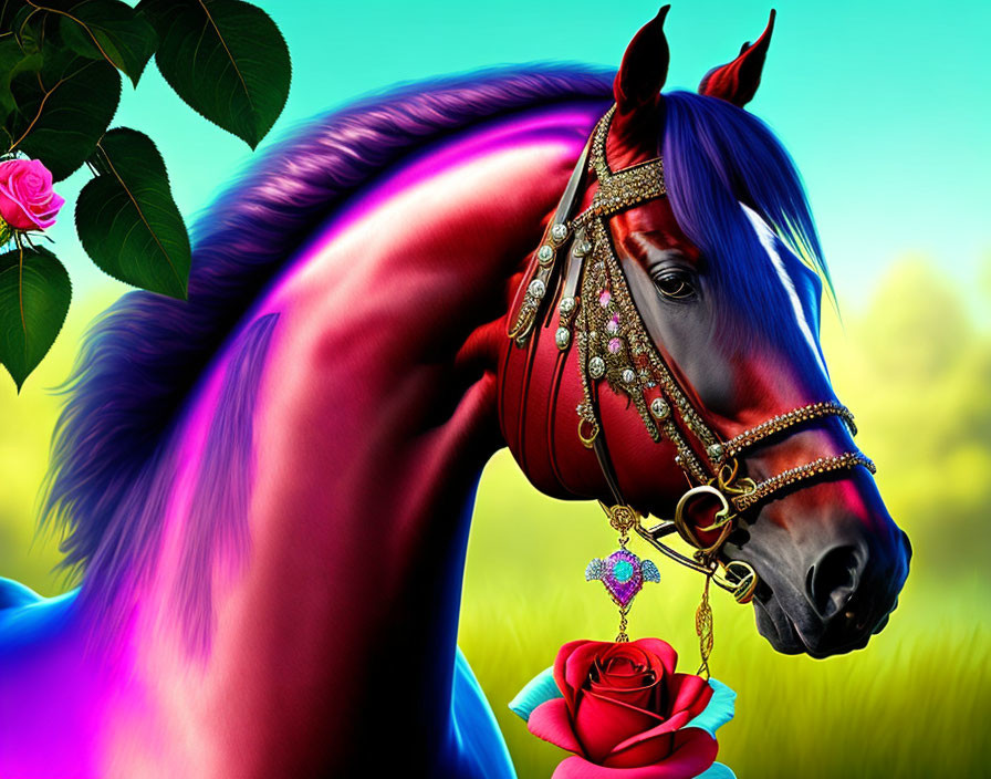 Digital Artwork: Horse with Purple Mane and Ornate Bridle on Green Grass and Blue Sky Background