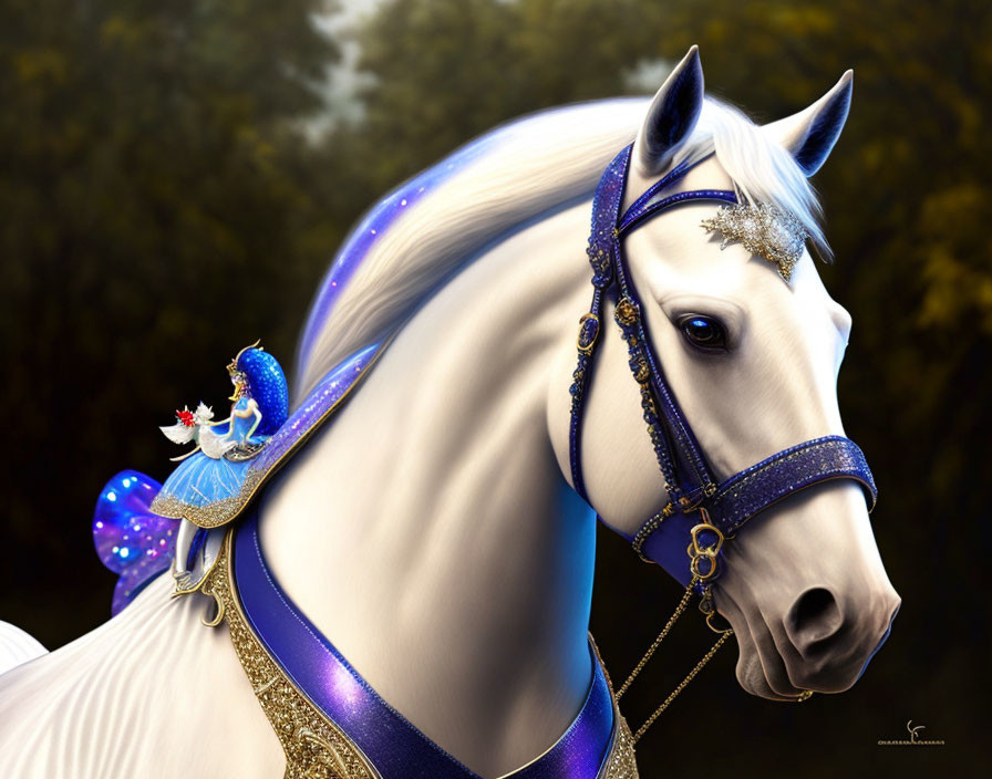 White Horse with Blue and Gold Fairy Accessories