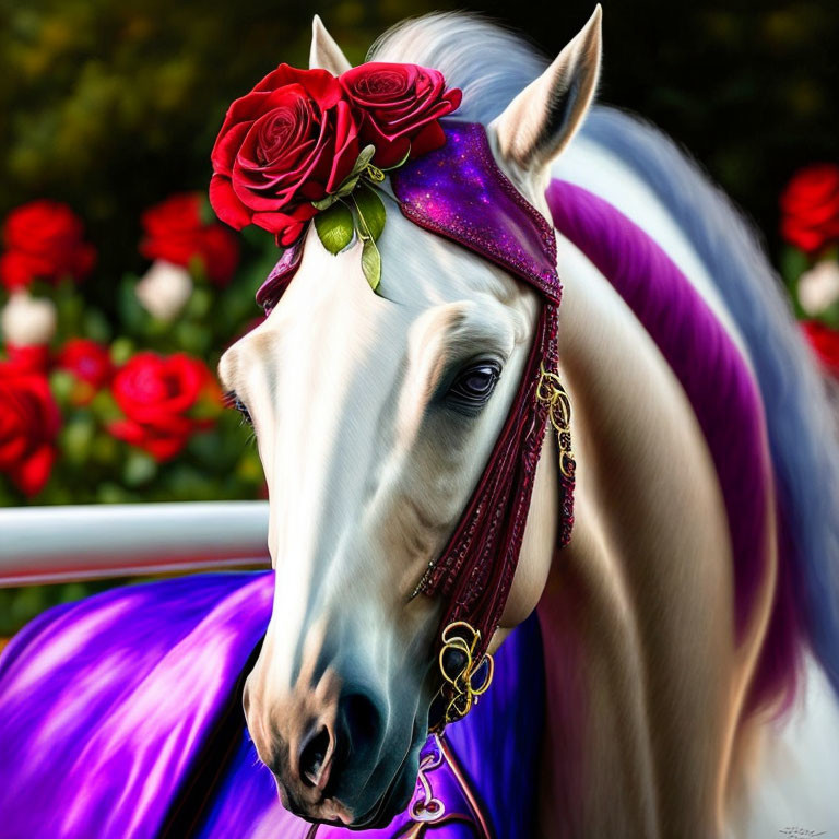 White horse with purple and gold bridle in galaxy-themed headpiece among red roses