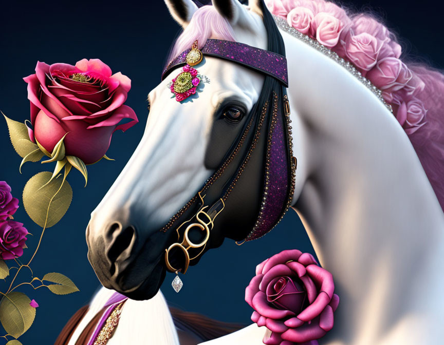 White Horse with Pink Mane and Gold Bridle on Dark Blue Background