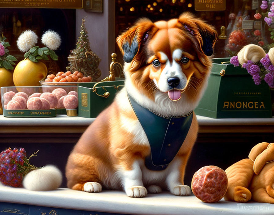 Realistic painting of brown and white dog in front of bakery shop window