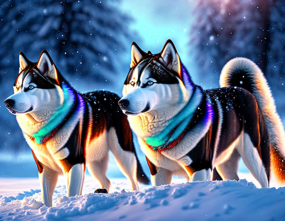 Two Siberian Huskies with glowing neckbands in snowy night scene