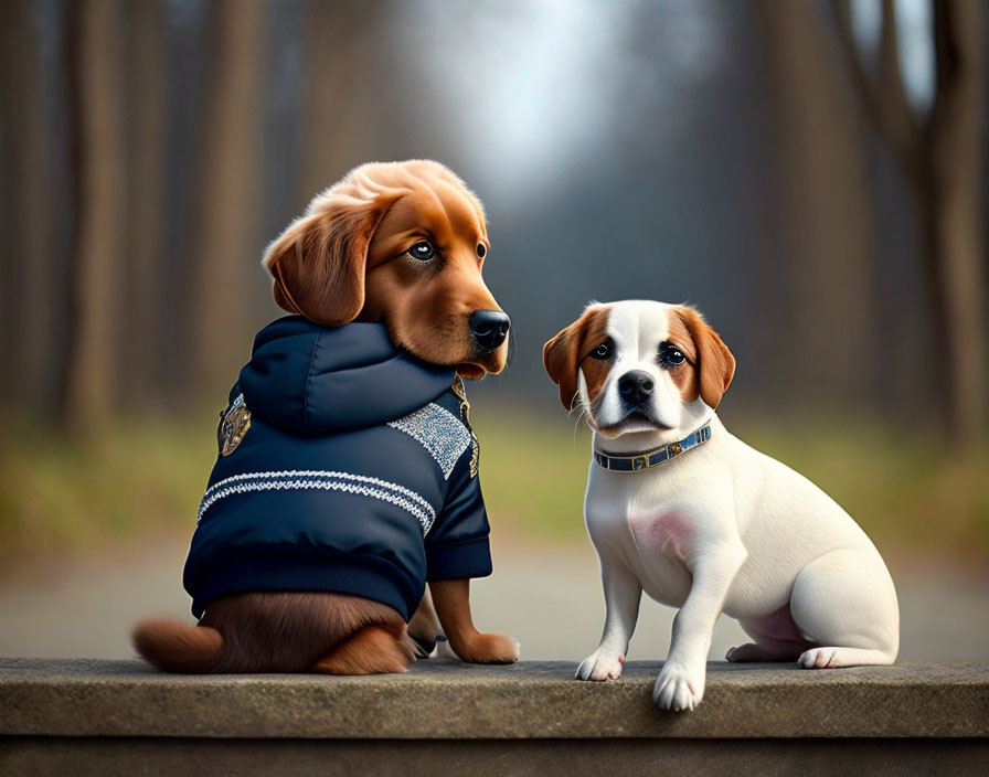 Two dogs sitting on a path, one in a blue coat and the other with a white collar.