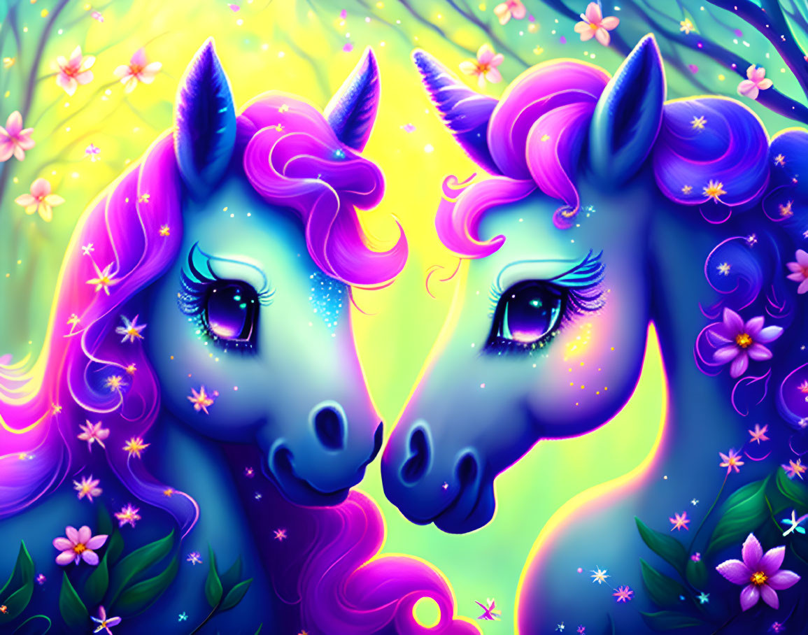 Vibrant purple unicorns with sparkling manes in neon floral scene