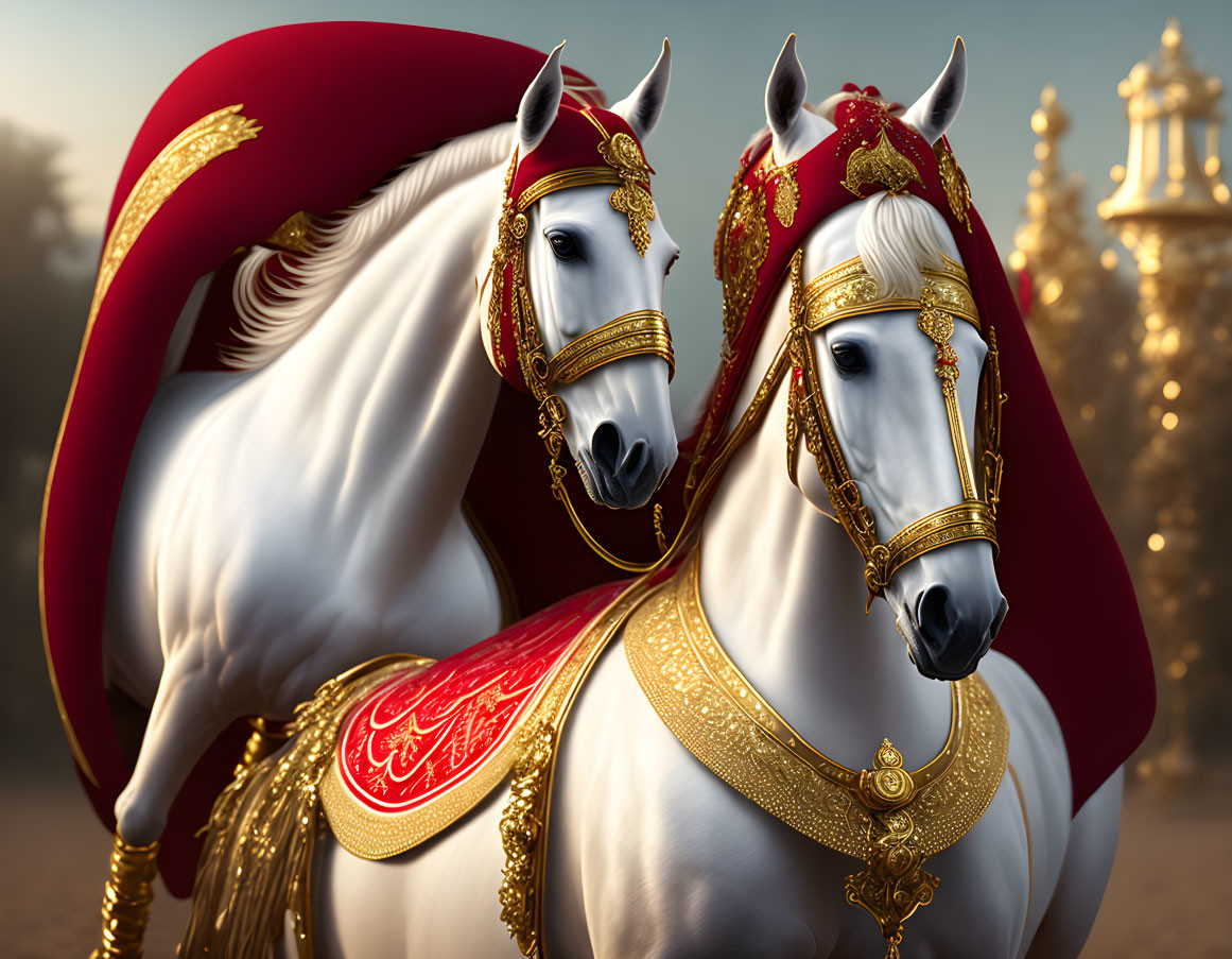 Majestic white horses with red and gold ceremonial tack in front of golden architecture