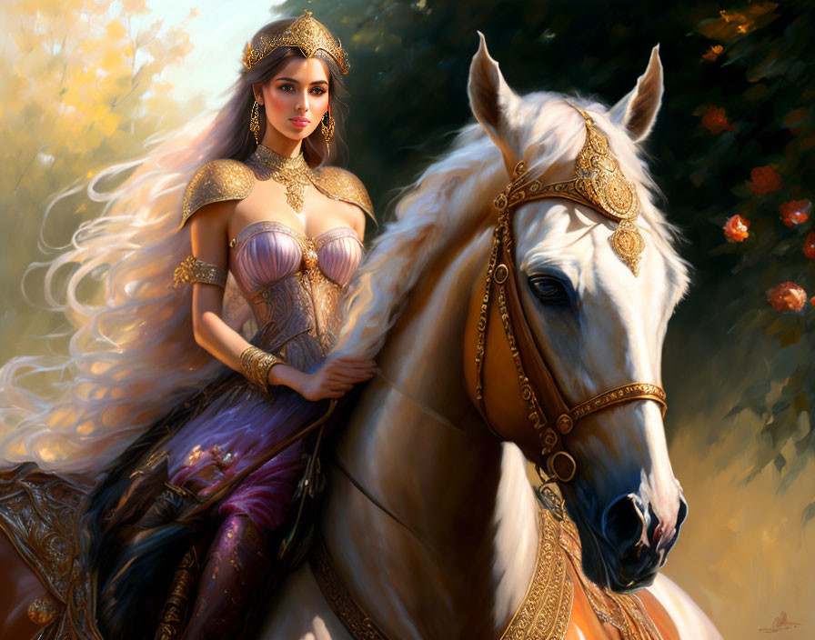 Regal woman in golden armor on white horse in natural setting