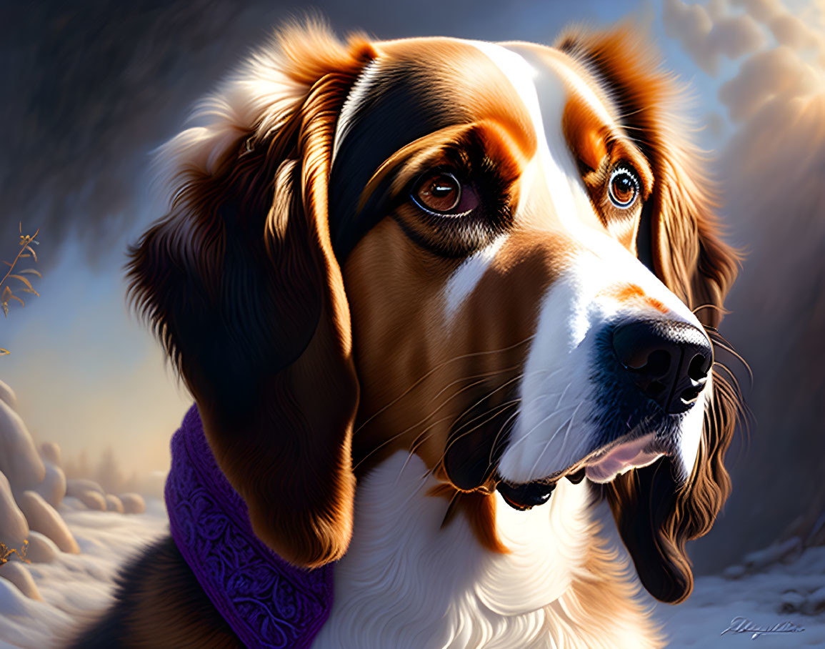 Realistic brown and white dog with purple collar in snowy landscape