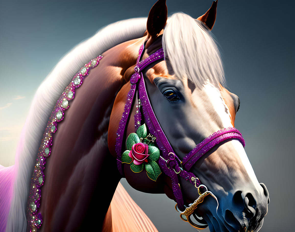 Majestic horse with pink and purple bridle in digital art