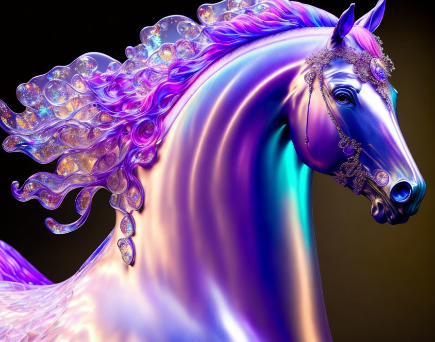 Colorful digital artwork: Mythical horse with jeweled mane in purple, blue, and magenta