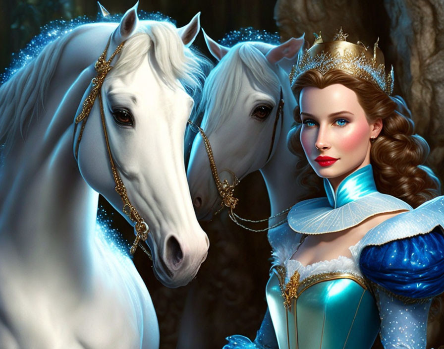 Medieval woman in blue gown with crown between two white horses in forest setting