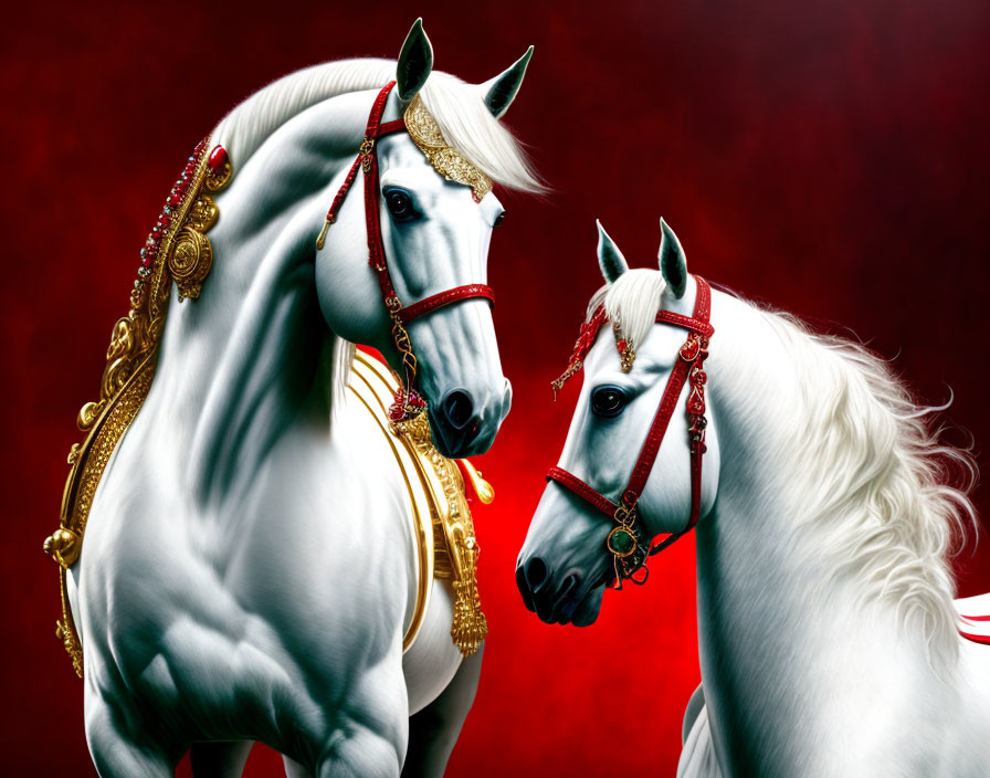 Two white horses with ornate bridles on red backdrop