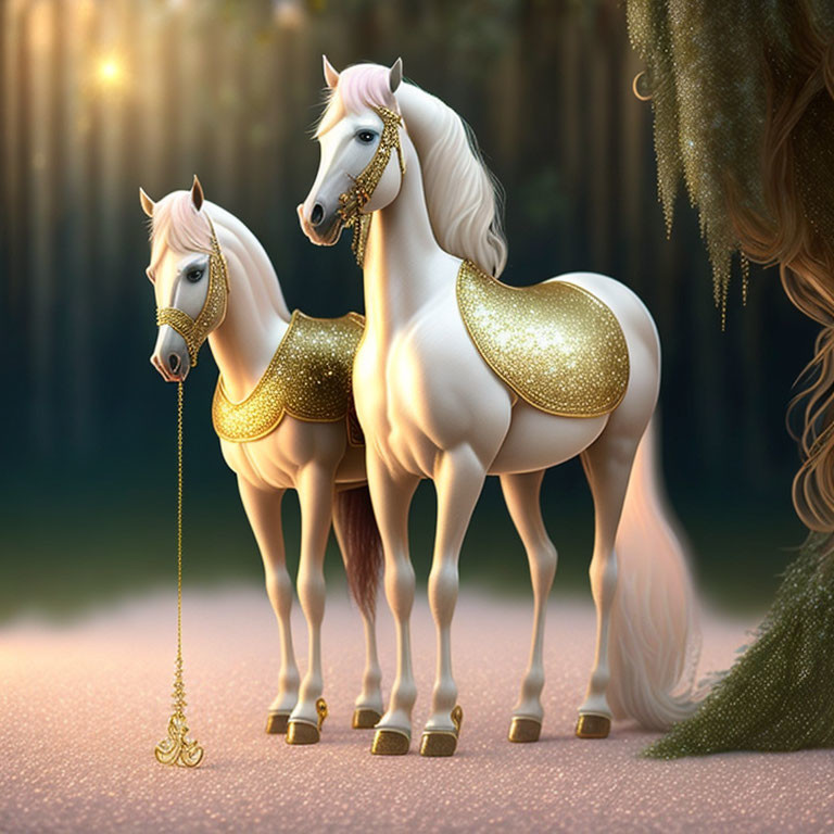 Fantasy horses with golden saddles in mystical forest