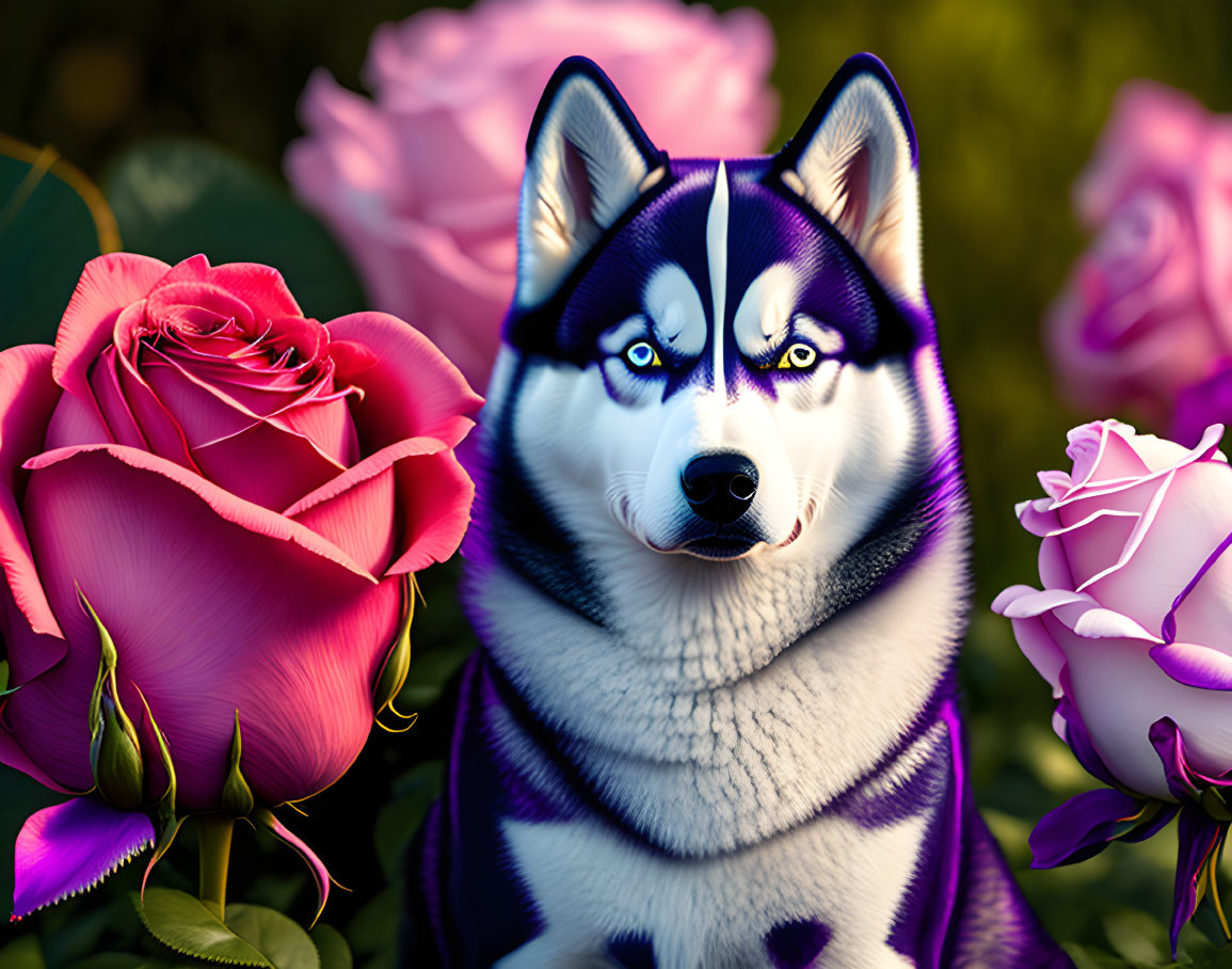 Vivid digital art: Realistic husky with blue eyes among pink roses