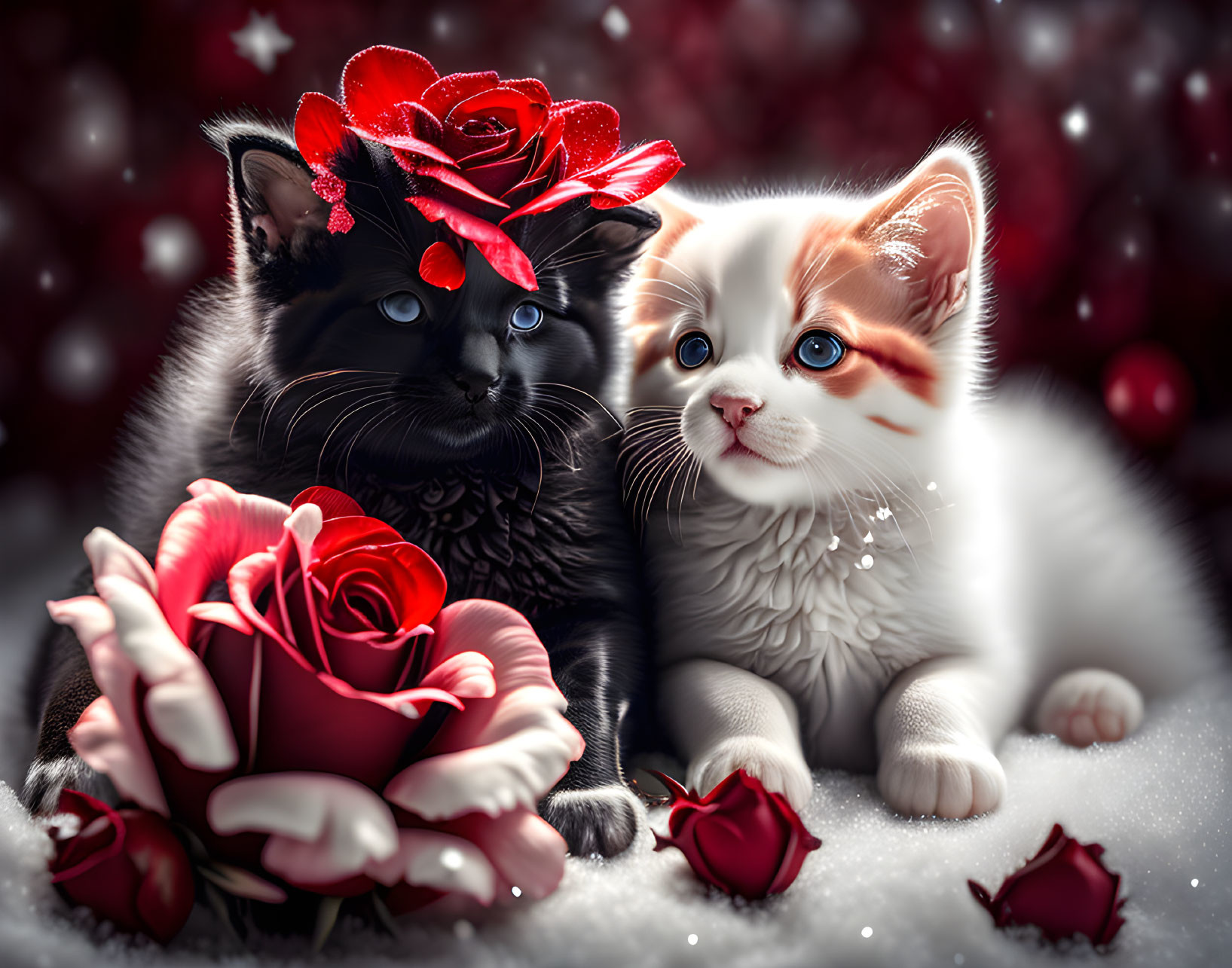 Two cute kittens with roses on a bokeh background with red accents and snowflakes