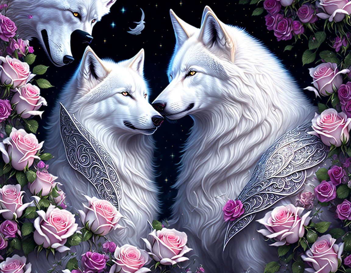 White Wolves with Decorative Fur Patterns Among Pink Roses and Starry Night Sky