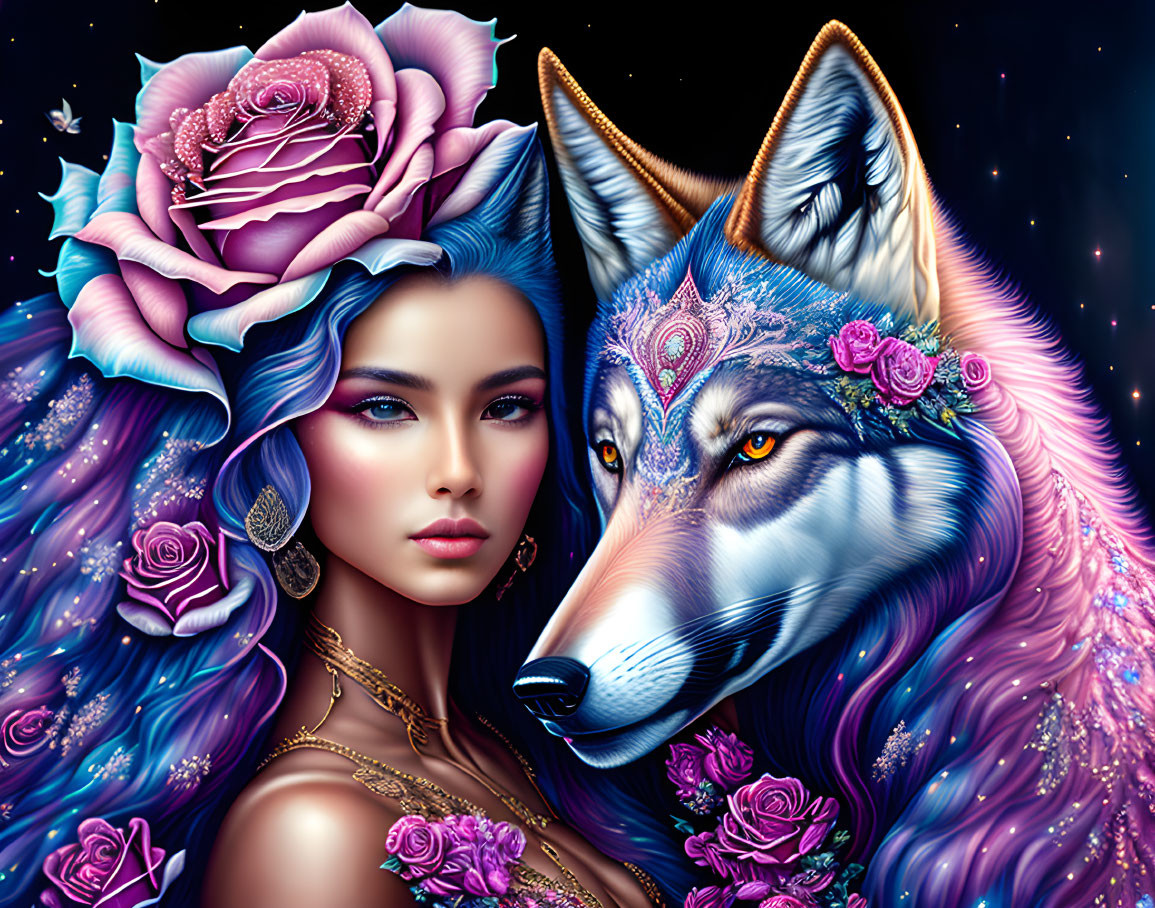 Fantastical illustration of woman with blue hair and wolf with floral motif on celestial background