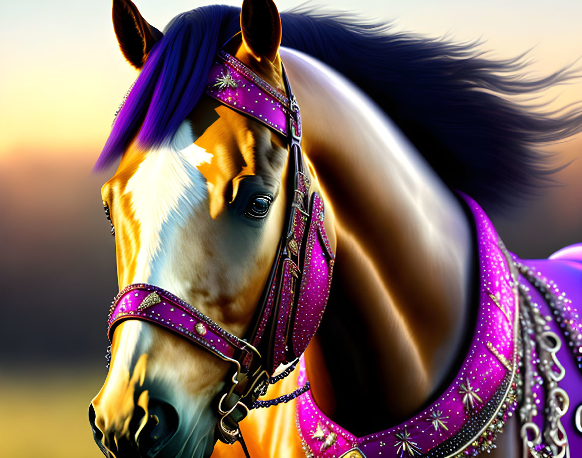 Majestic palomino horse with purple and jeweled tack at sunset