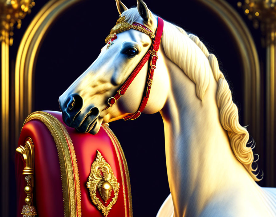 Regal White Horse with Red and Gold Bridle Near Luxurious Red Chair