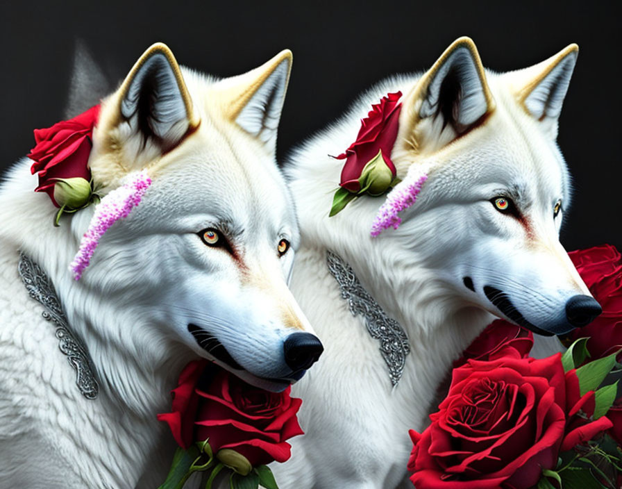 White wolves with red roses and chains on dark background