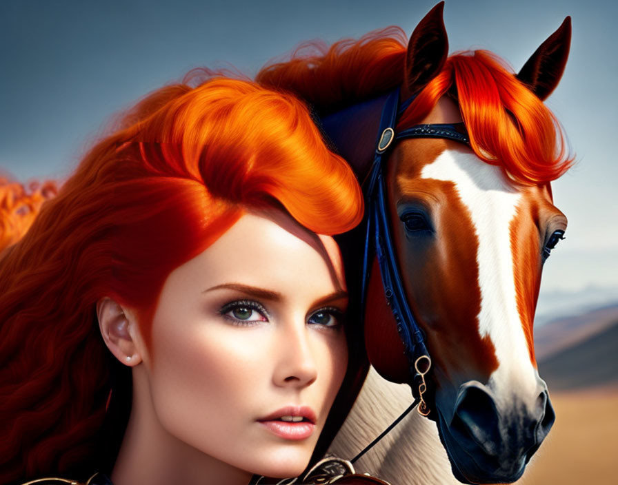 Vibrant red-haired woman with brown horse in digital art.