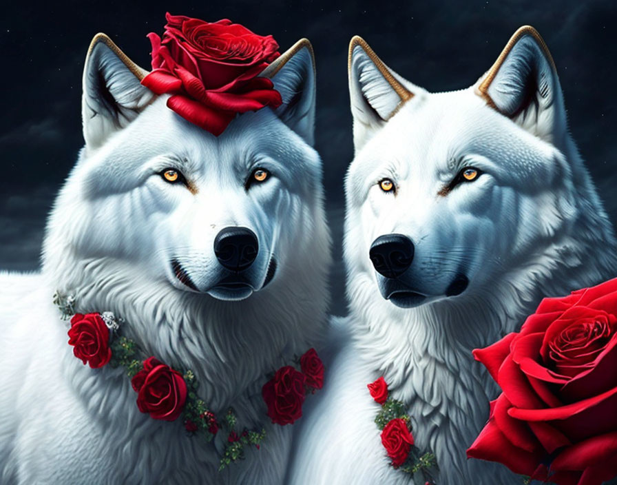 Illustrated wolves with blue eyes and red roses on starry night background