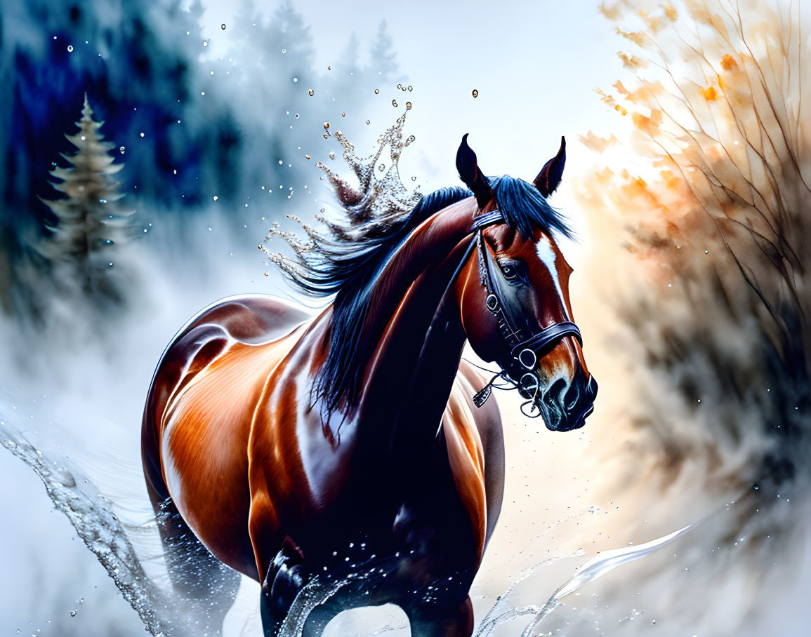 Brown horse with black mane galloping amidst colorful trees