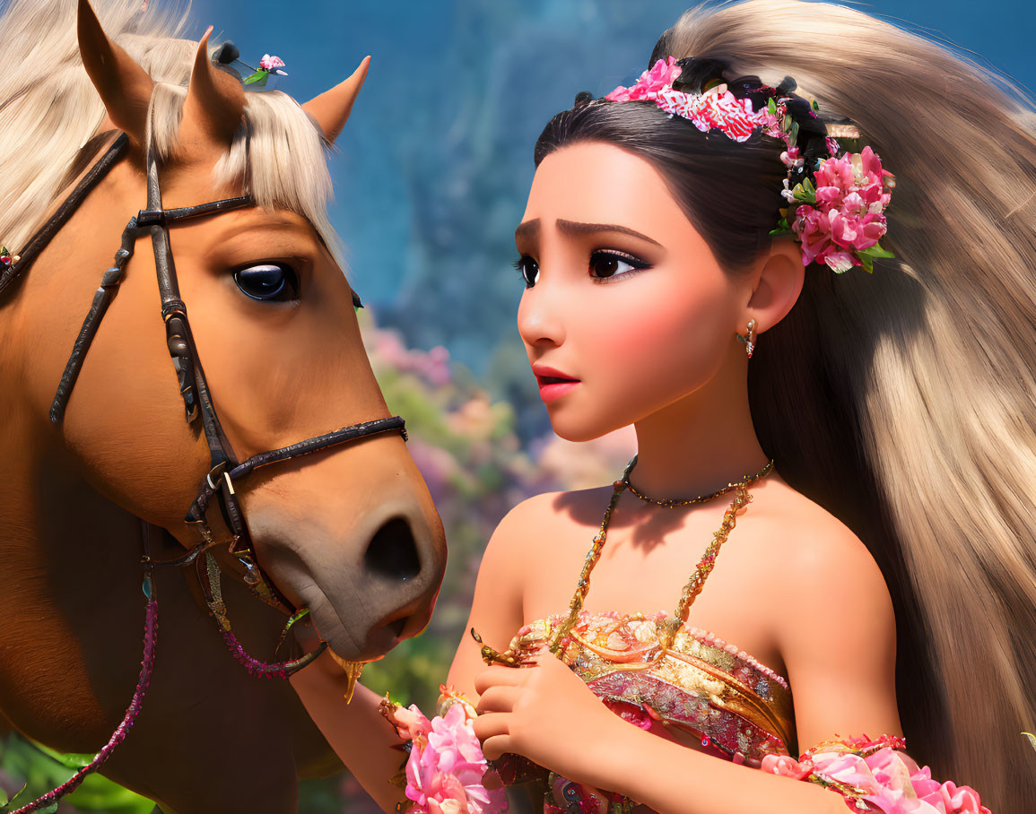 Long-haired princess with floral hair accessories and brown horse in nature scene.