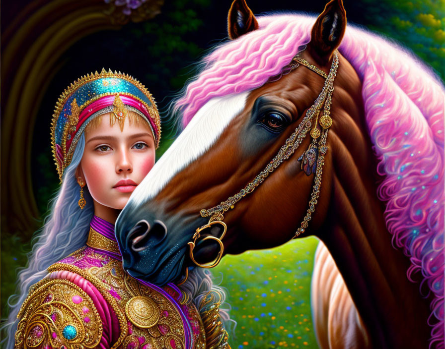 Digital artwork: Young woman in medieval attire with brown horse and pink mane, adorned in golden jewelry.