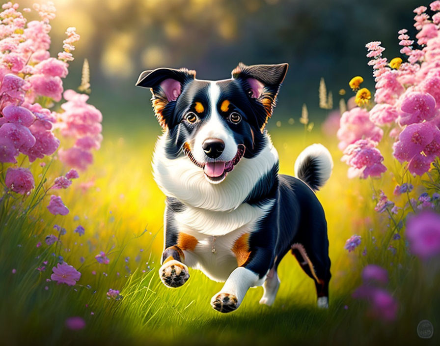 Tricolor Border Collie Running in Sunny Meadow with Pink Flowers