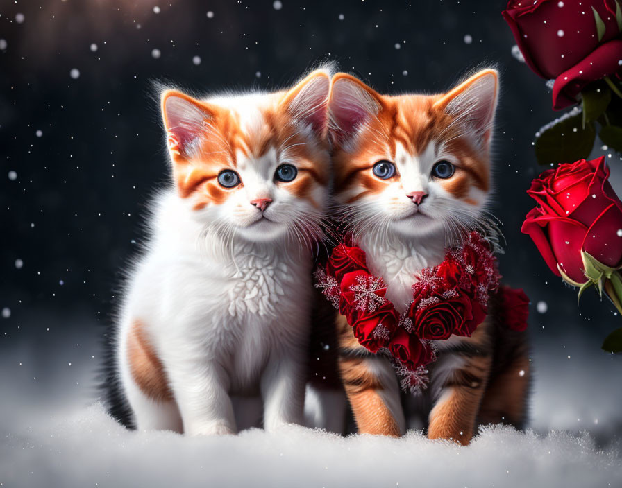 Orange and White Kittens with Blue Eyes and Red Scarves Among Red Roses in Snowy Scene