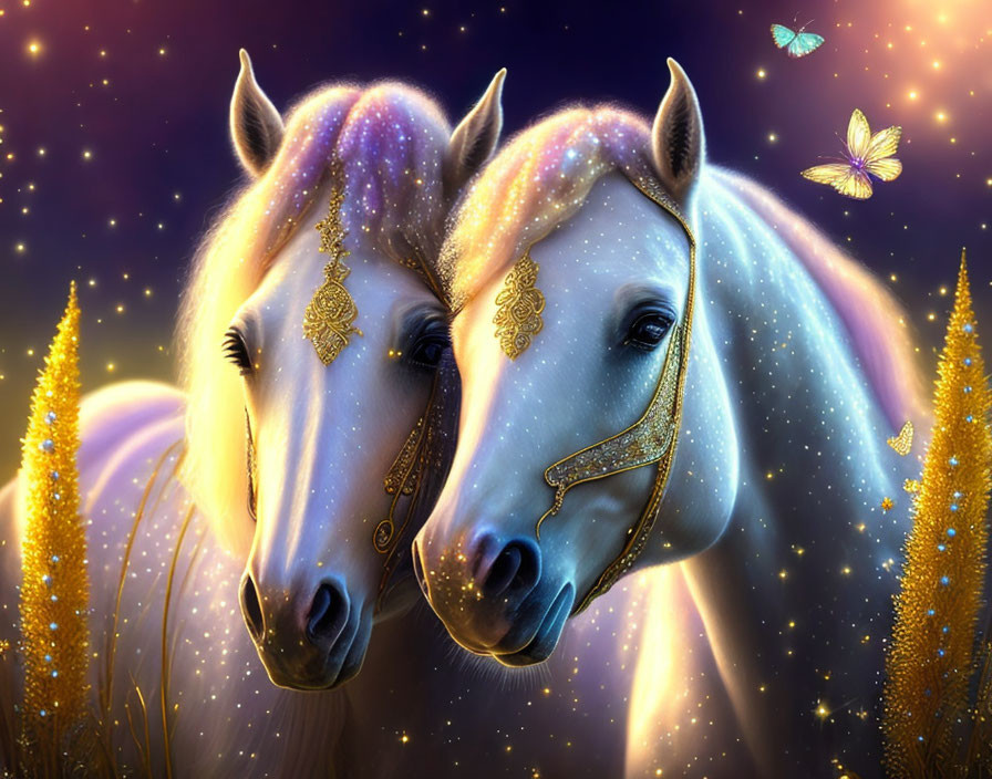 Mystical white horses with golden adornments in a starlit scene