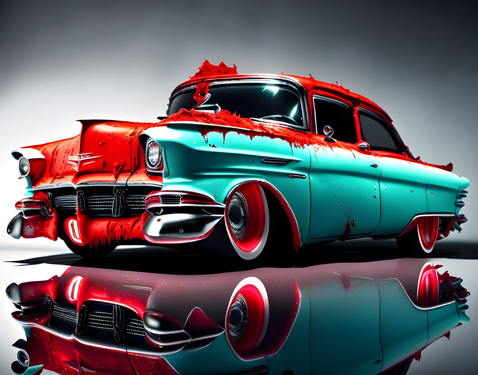 Classic Car with Turquoise Body and Red Accents: Exaggerated Fins and Chrome Details