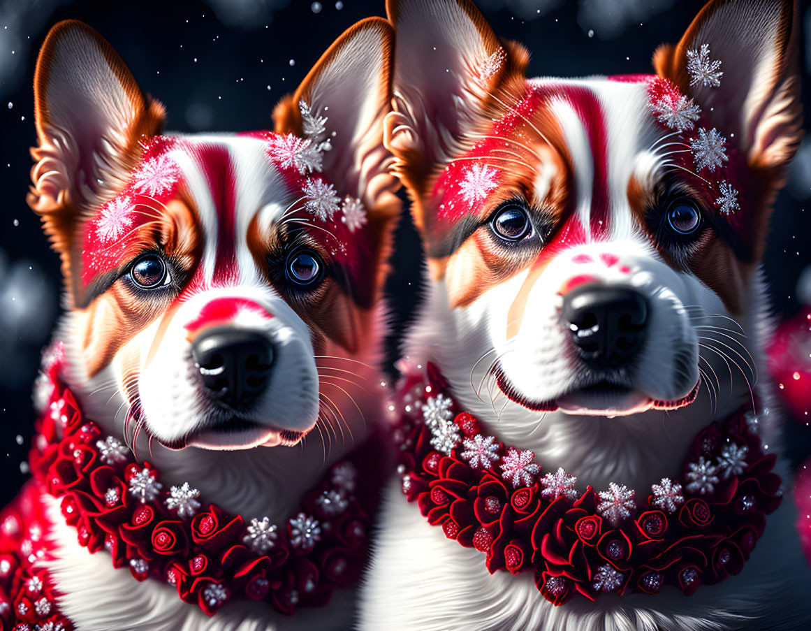 Festive corgis with red scarves and snowflakes in snowy setting