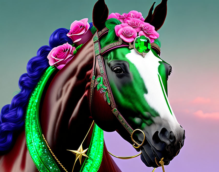 Vibrant blue-maned horse with pink roses and green jeweled tack on gradient background