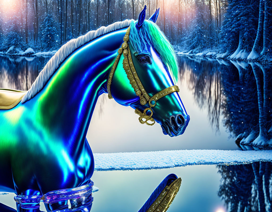 Majestic horse with golden adornments in tranquil forest setting