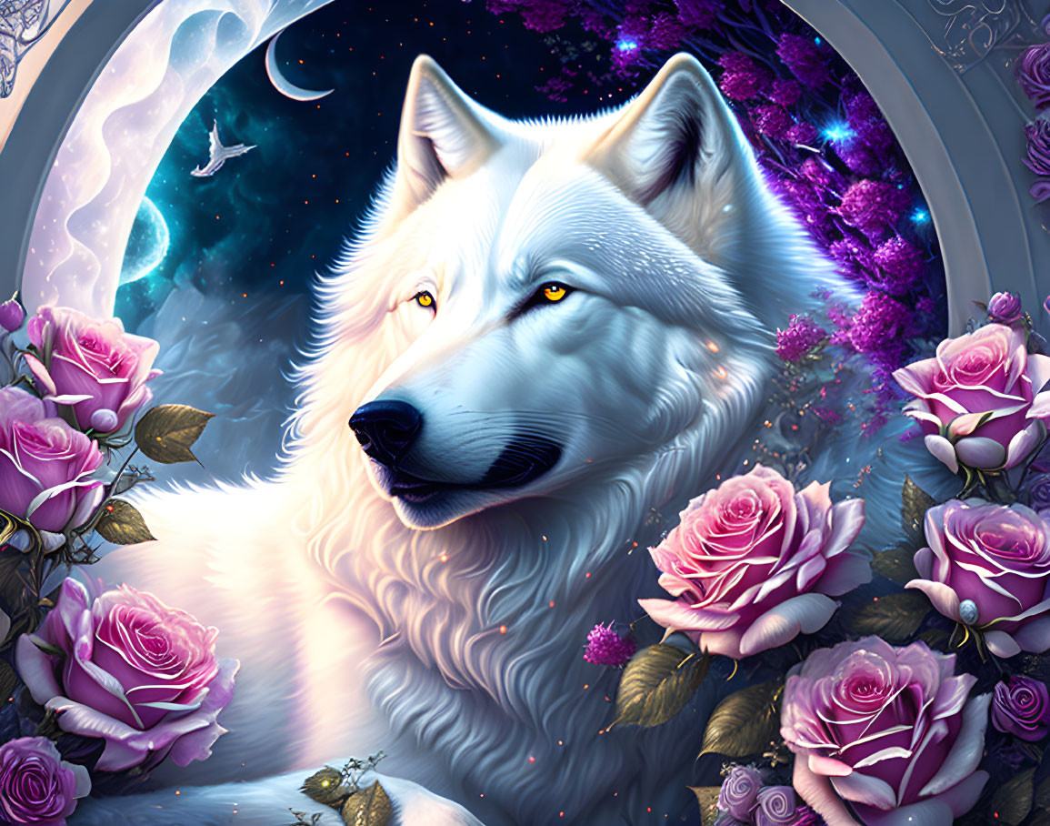 White Wolf Surrounded by Pink Roses in Mystical Moonlit Scene