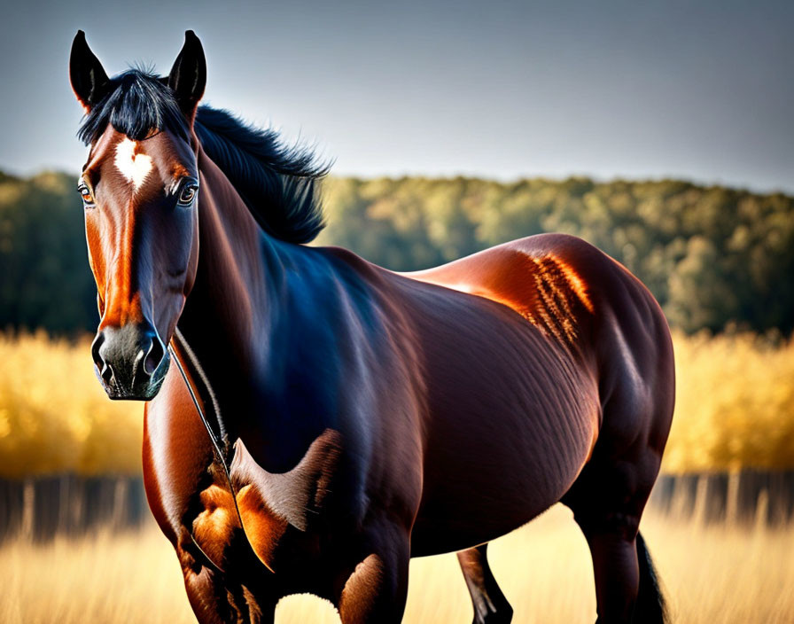 Majestic brown horse with shiny coat and black mane in field