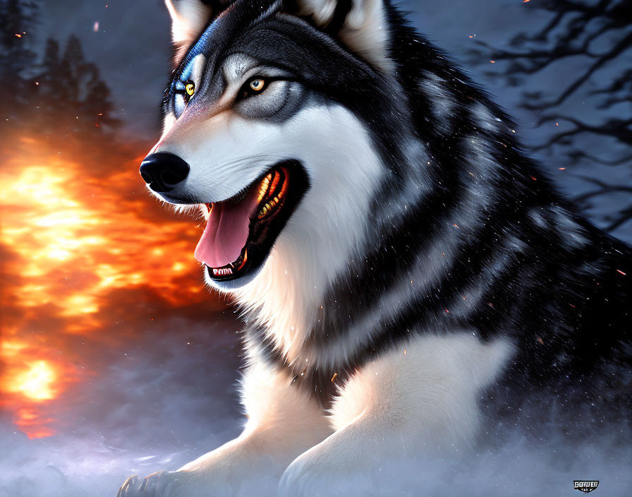 Colorful Husky with Blue and Yellow Eyes in Fiery and Wintery Background