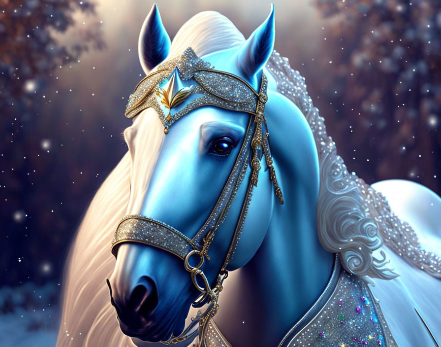 Majestic Blue Horse with Shimmering Mane in Snowy Scene