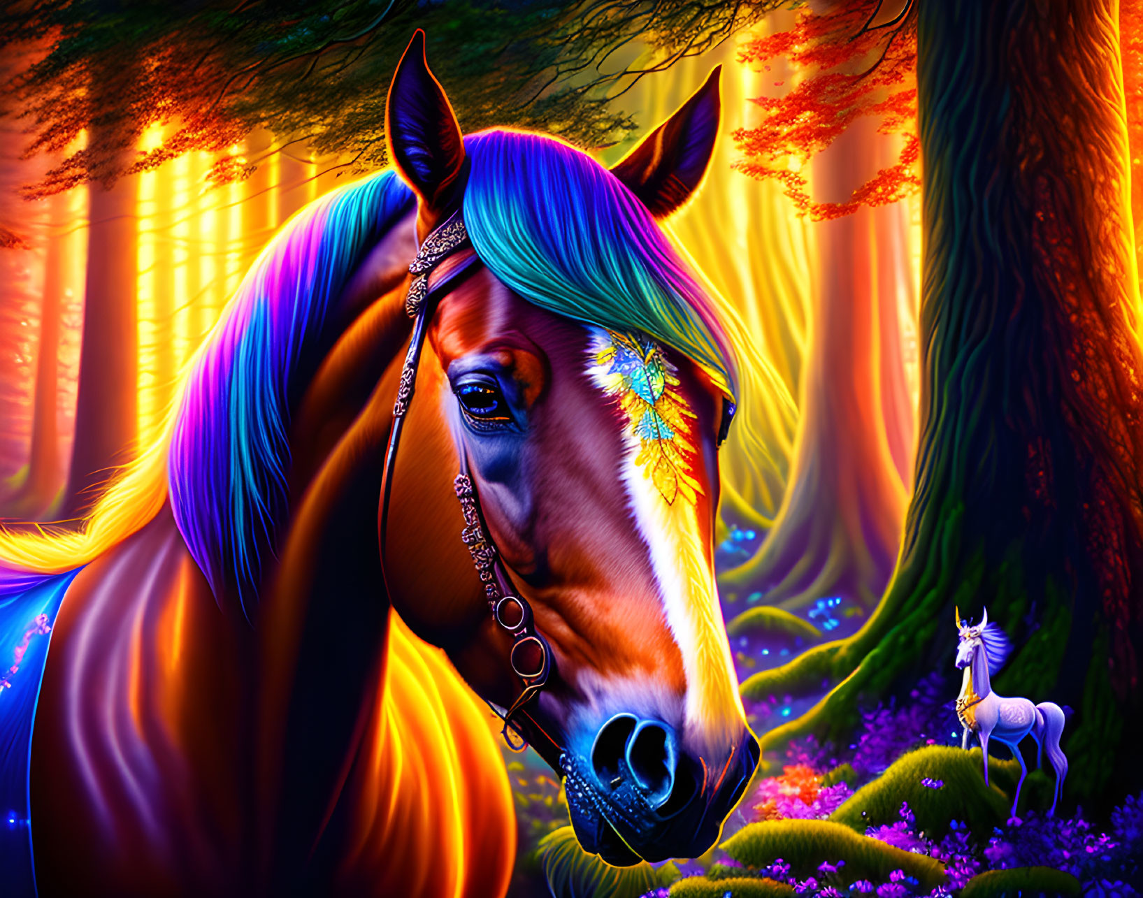 Colorful horse and unicorn in neon forest: vibrant digital art