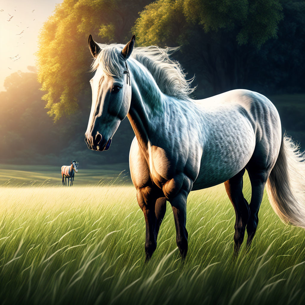 Majestic gray horse with flowing mane in sunlit field