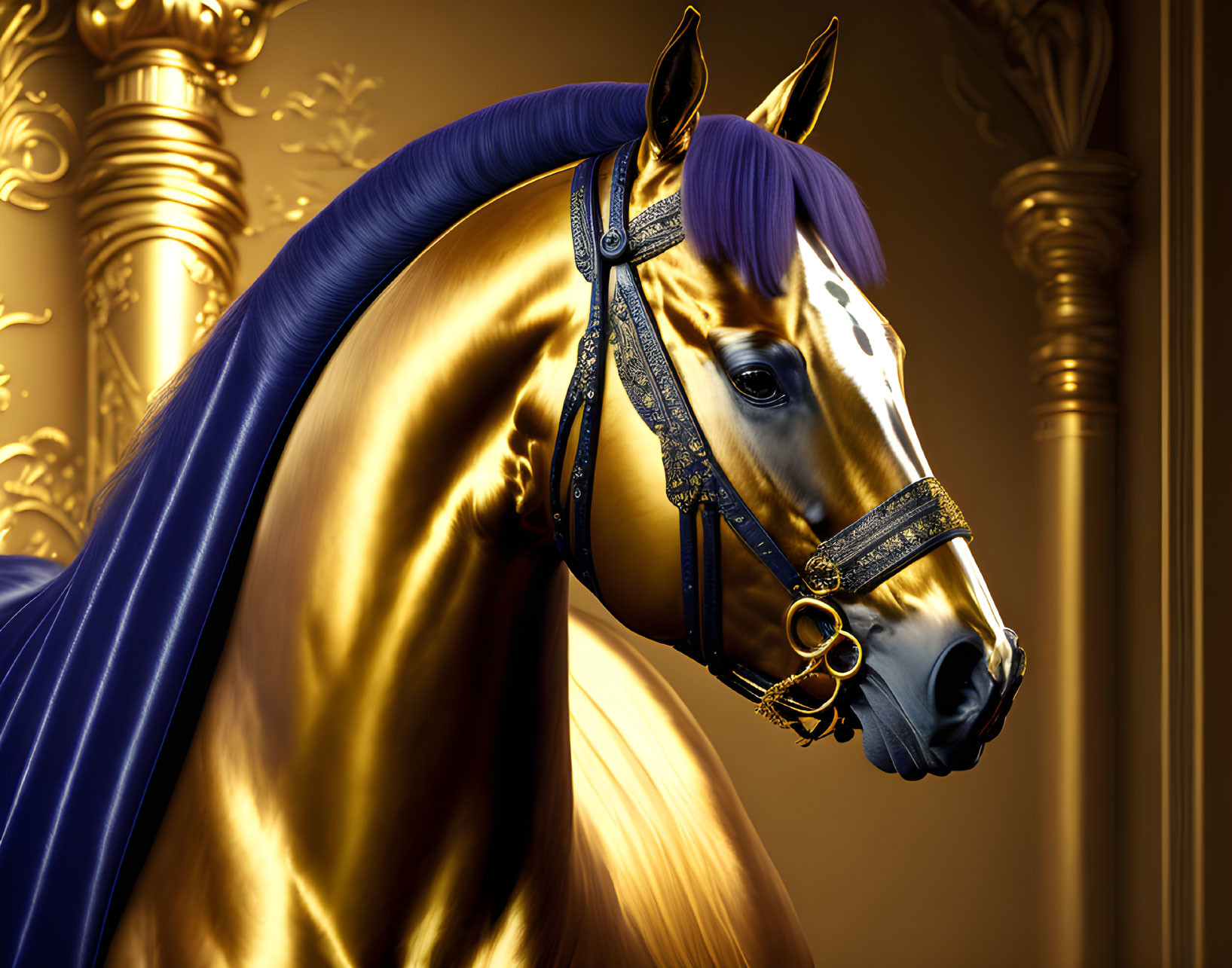 Golden horse statue with blue mane and ornate halter on golden columns.