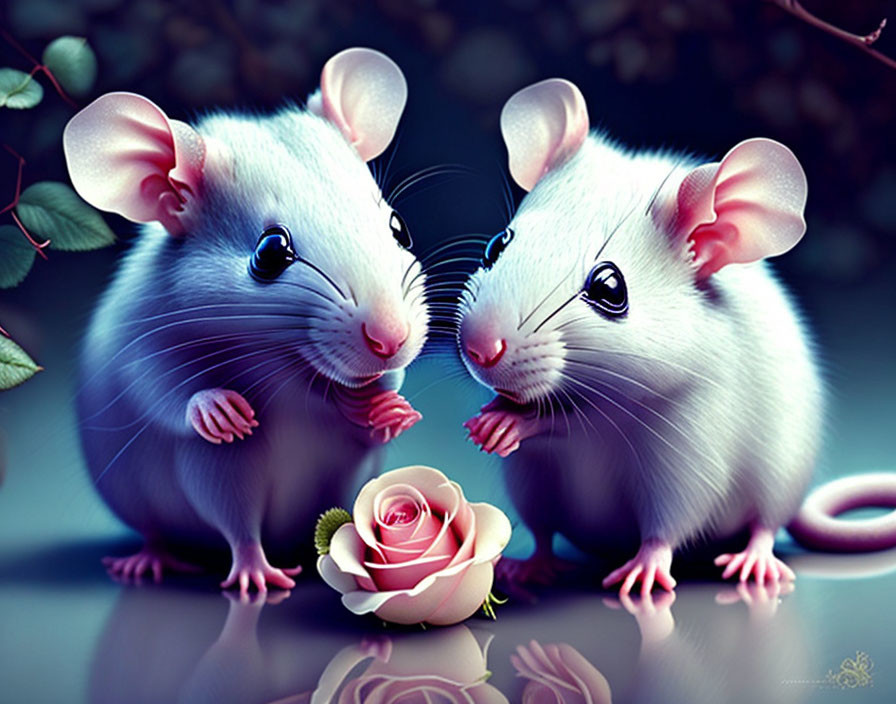 Animated mice holding hands with a pink rose in a mystical setting