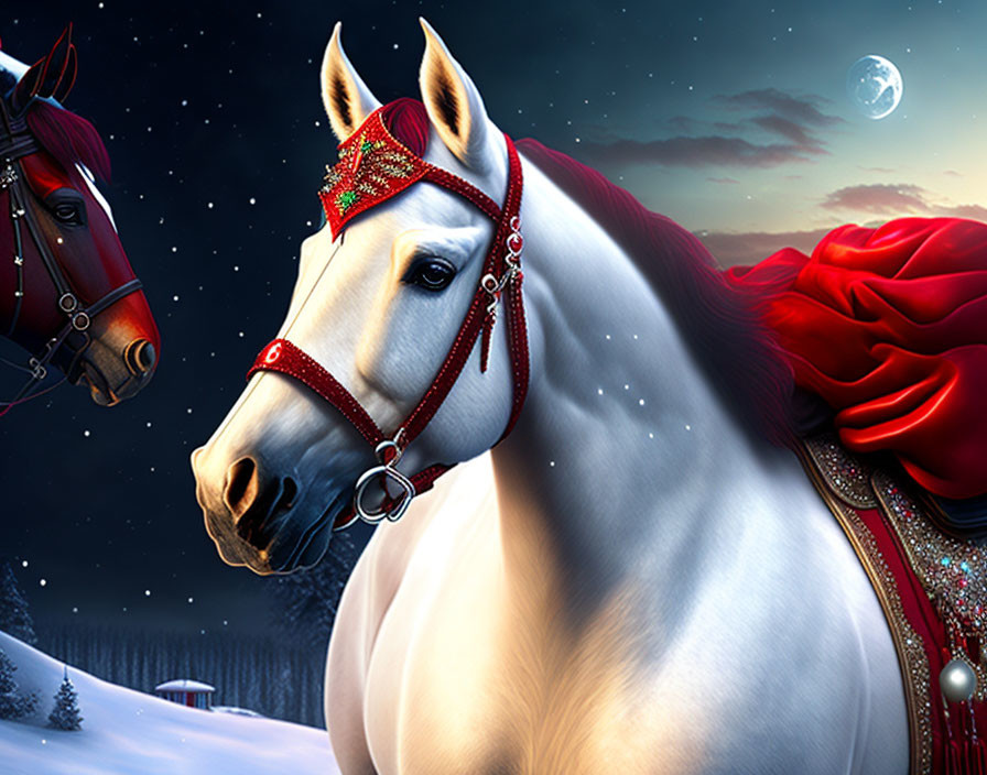 White horse in red and jeweled tack with another horse in moonlit wintry night scene